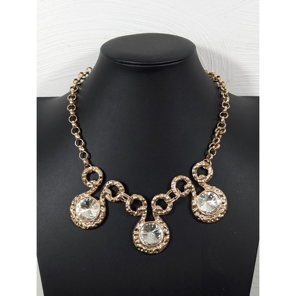 Gold Tone Rivoli Crystal Hammered Statement Necklace 21 in Glam Evening Sparkle